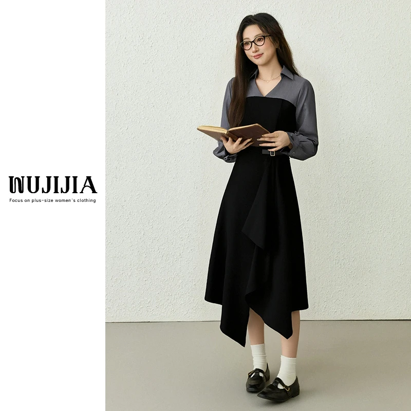 五季家大码女装拼接两色法式淑女微胖黑色/黑拼灰连衣裙ZL114386