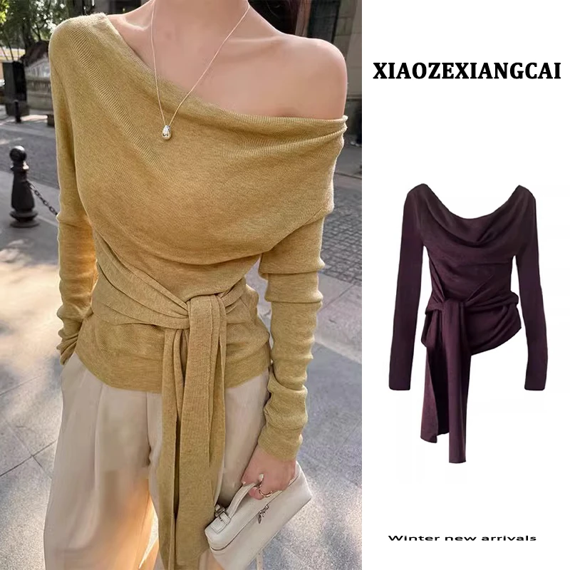 法式气质收腰绑带长袖针织衫女2025早春季新款修身不规则露肩上衣