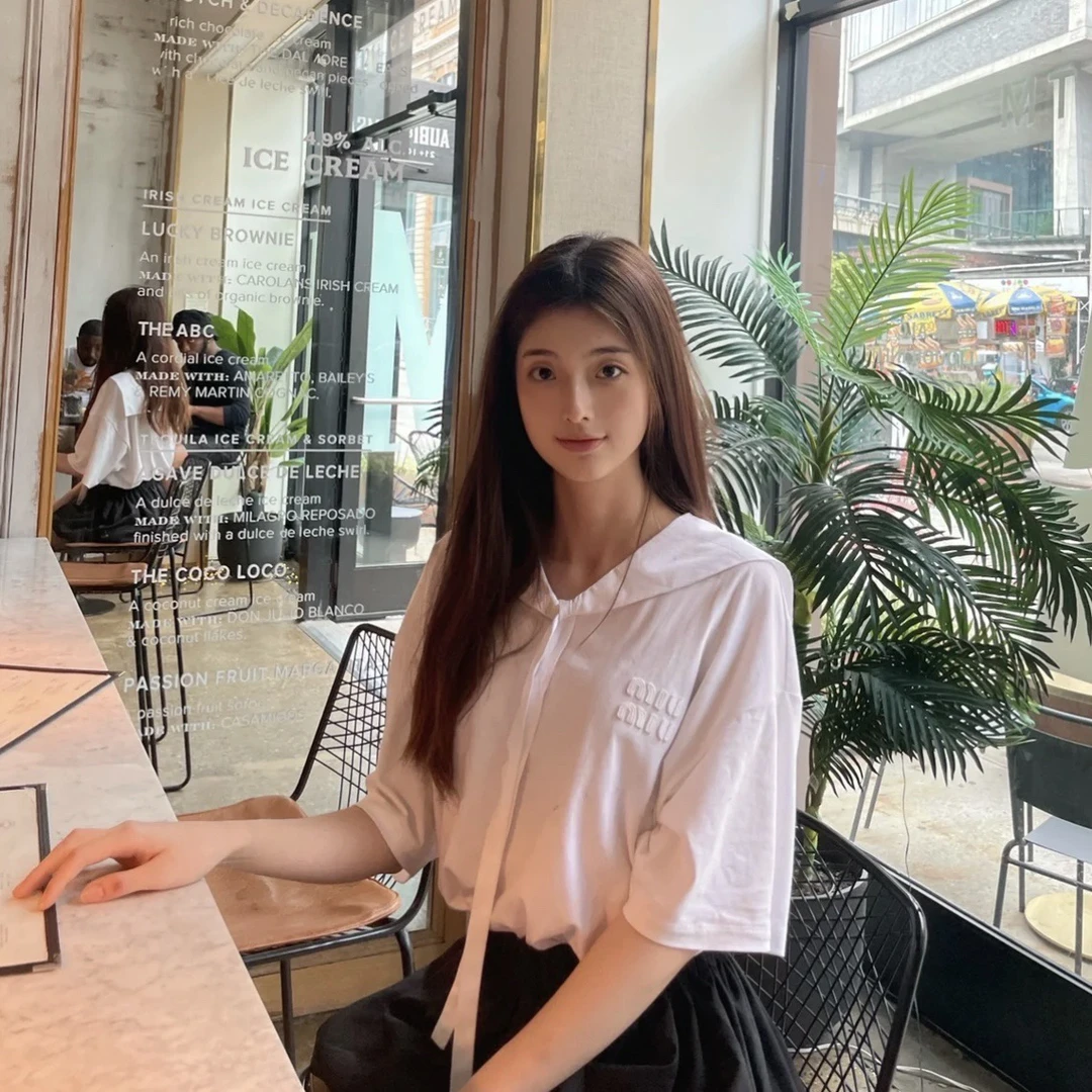 99新 MIU MIU/缪缪 ss46/海军领logo刺绣短袖 S码 棉