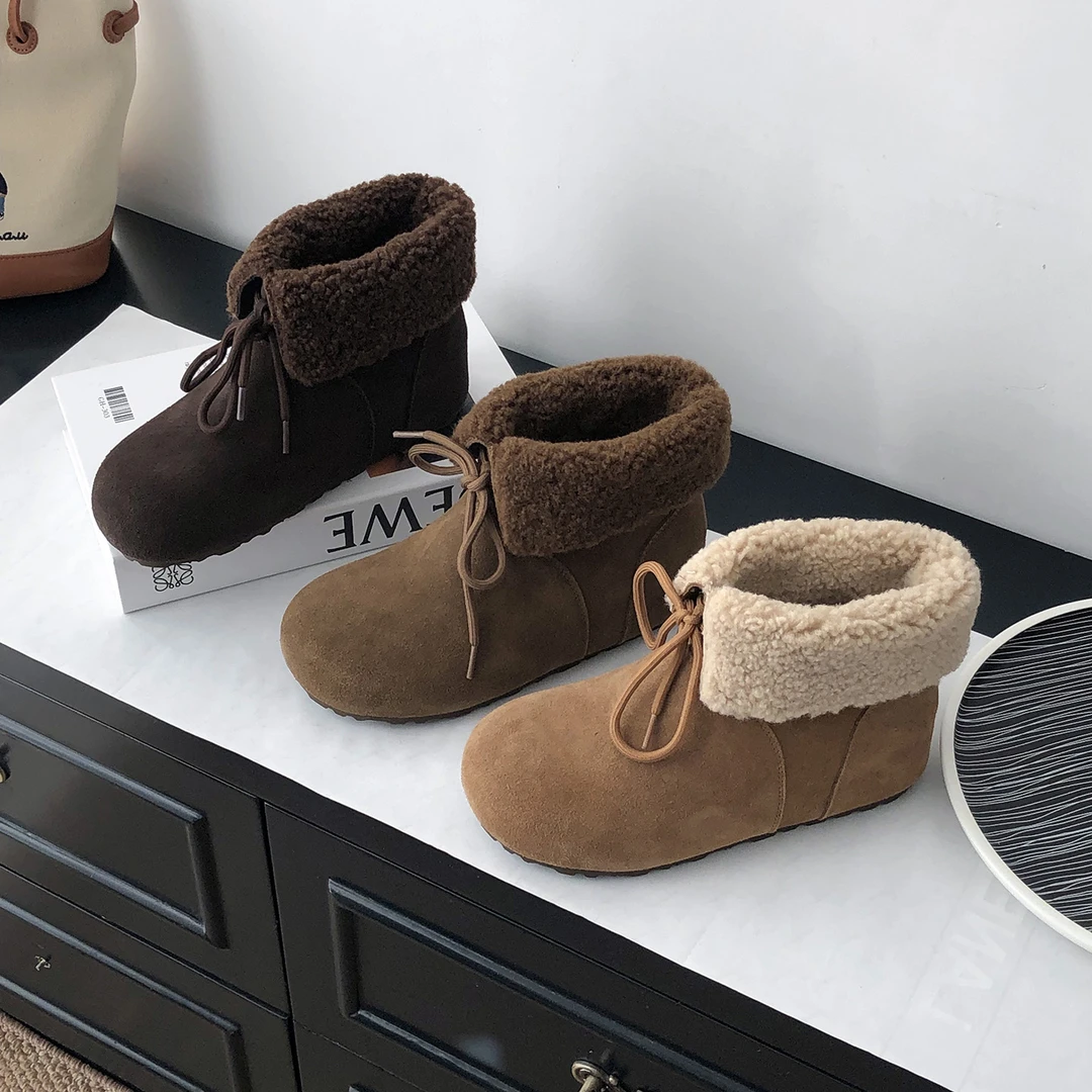 复古翻领短筒内增高雪地靴女款冬季新款圆头马丁靴系带森系棉靴子