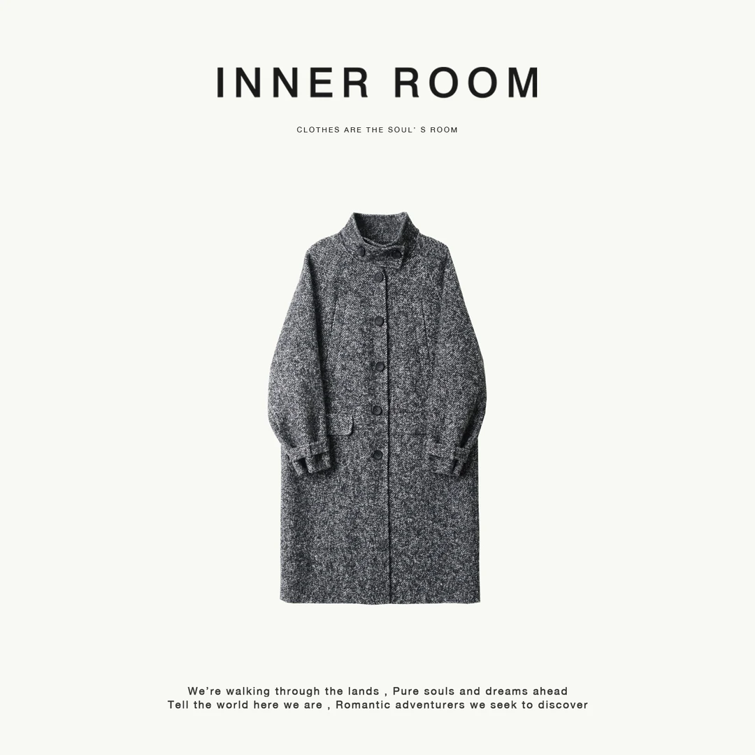 INNER ROOM定仿意式斜纹花纱羊毛双面尼大衣女冬立领长款毛呢外套