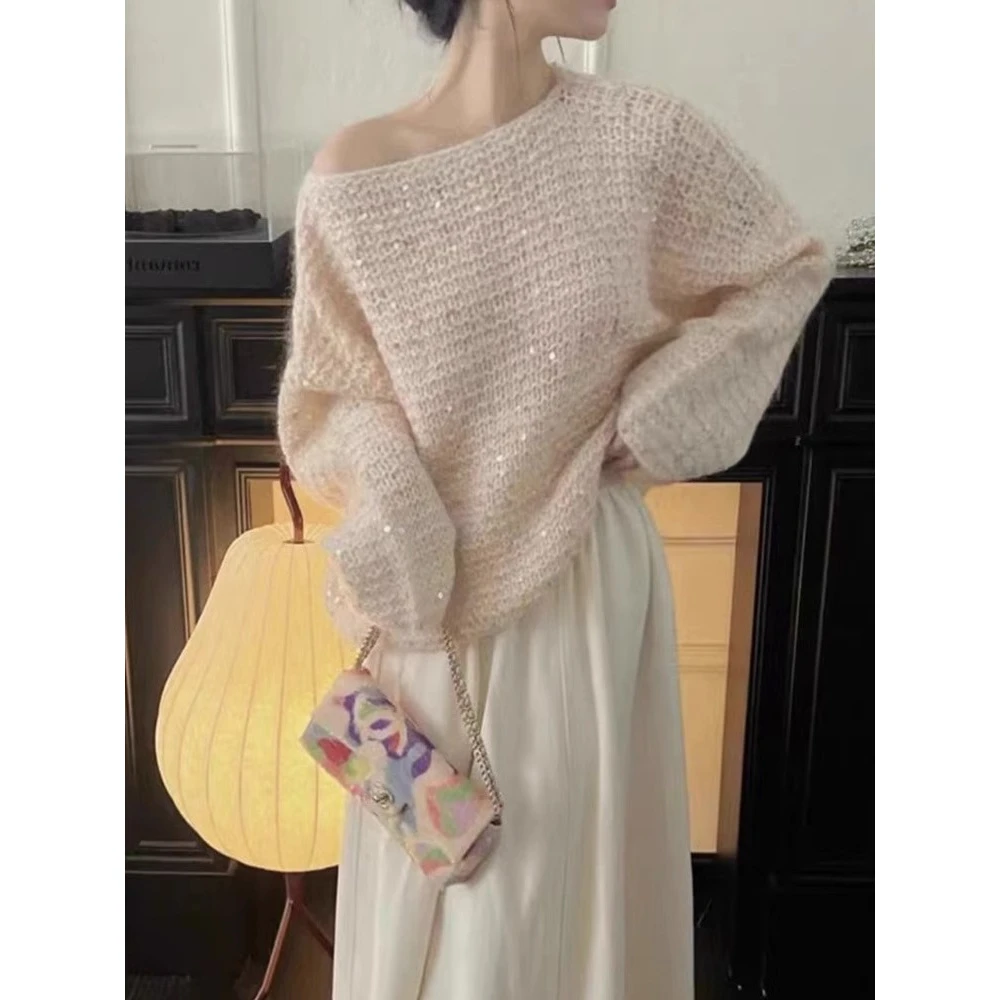 被惊艳到了！一字领针织衫女秋冬季新款高级感亮片宽松慵懒风毛衣