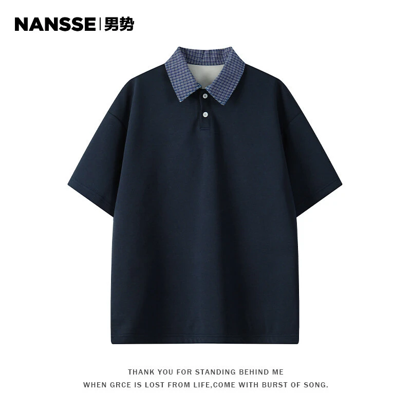 美式格子拼接短袖T恤男款夏季学院风复古潮流宽松半袖POLO衫上衣