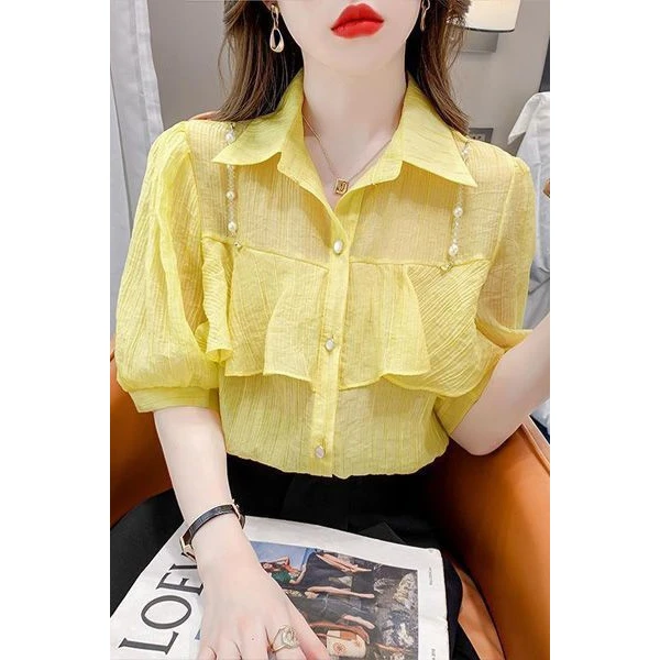 高级感荷叶边白色短袖衬衫女夏季设计感小众法式洋