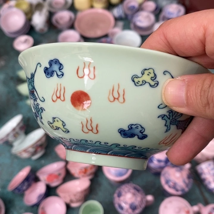 摆件陶绿稀土双龙五寸碗