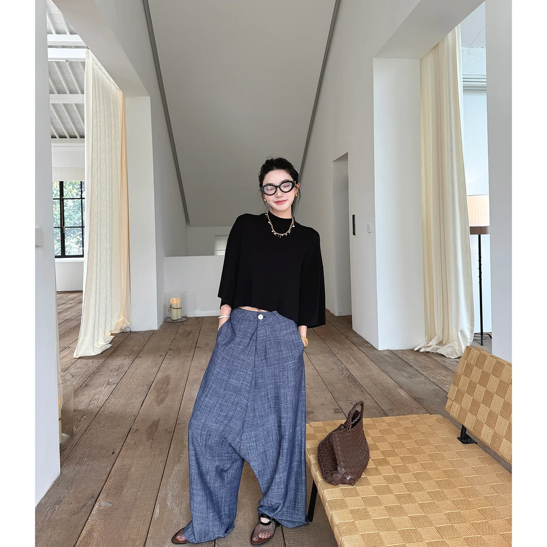 区区欧阳 仿牛仔休闲裤女夏季新款老钱风宽松阔腿裤复古拖地裤子