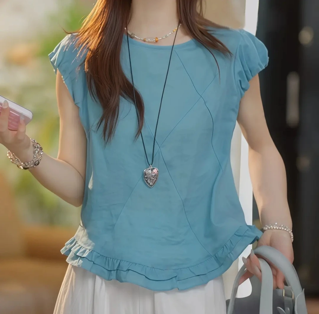 韩系木耳边花苞袖时尚潮小衫女夏季2025新款减龄蓝色短袖衬衫上衣