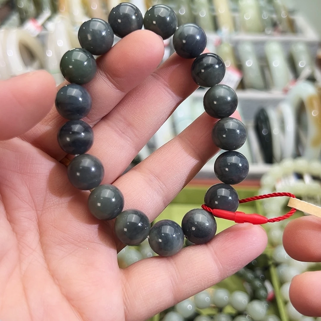 和田玉未镶嵌手串若羌料毛毛矿墨玉手串卡12