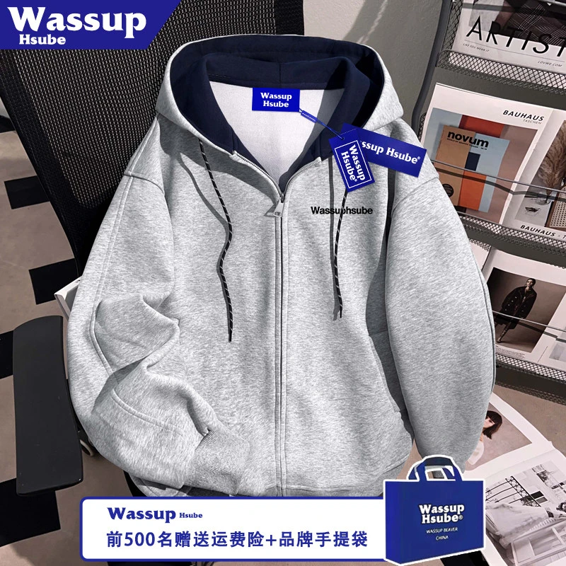 WASSUP HSUBE加绒连帽重磅外套时尚英文印花开衫秋冬男款拉链卫衣