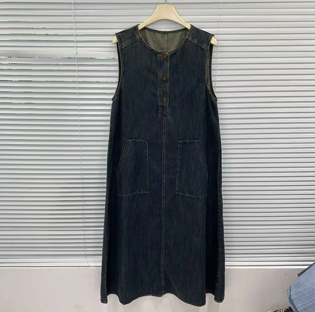 NICE圈圈、韩系圆领无袖排扣牛仔连衣裙A8561