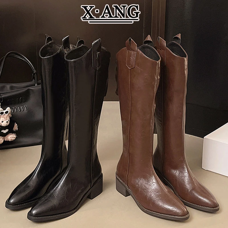 牛皮版棕色大筒围靴子女口显瘦长靴不过膝高筒靴尖粗跟骑士靴
