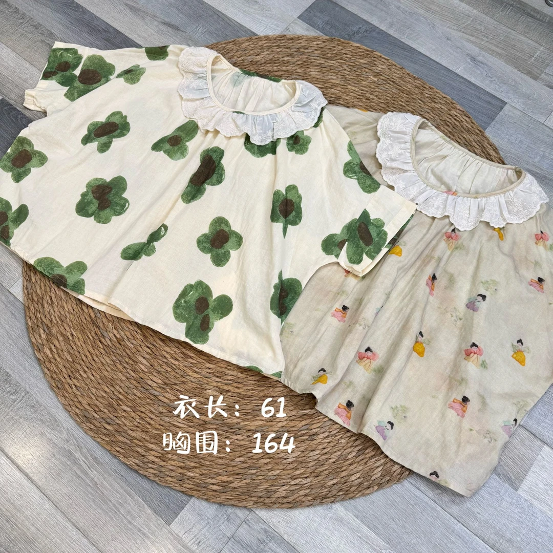 花小花自制娃娃领棉纱印花小衫