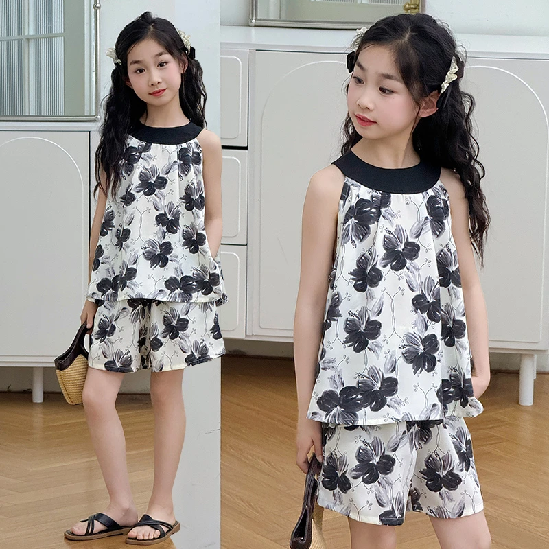 儿童夏季女韩版外穿印花纯色休闲风套头女童无袖宽松套装