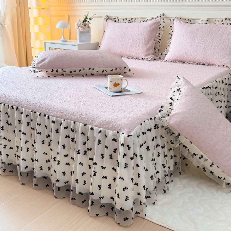 A类夏季花边床裙款冰豆豆三件套冰丝空调席子可机洗凉感床罩床套3