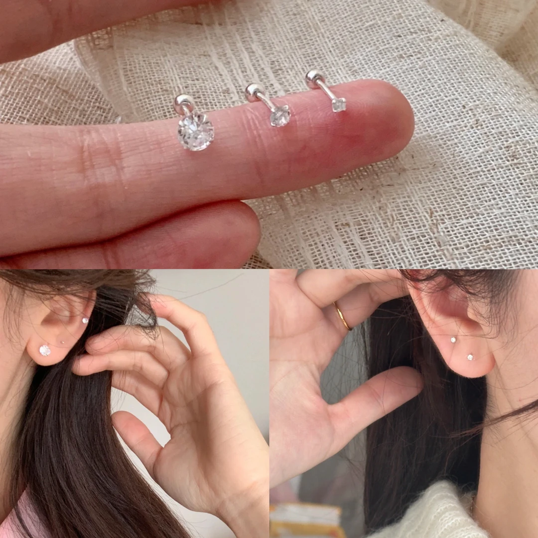 铜合金耳饰 D2040爆闪锆石耳钉三对套装款小巧精致睡觉免摘