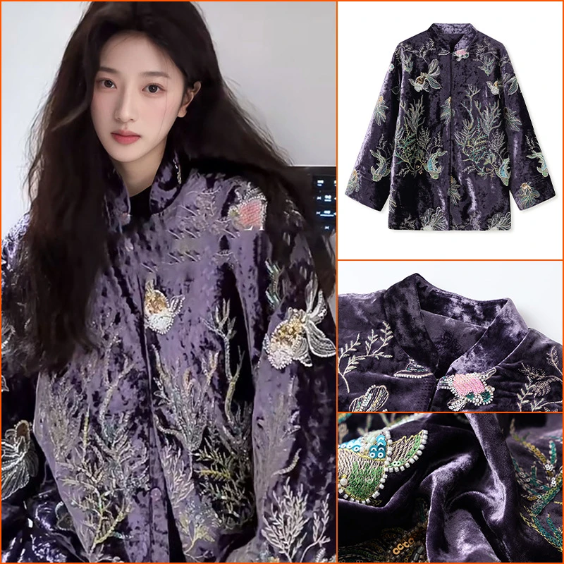 冬季新款国风气质设计重工亮片刺绣轻奢宽松棉服女 MZ011