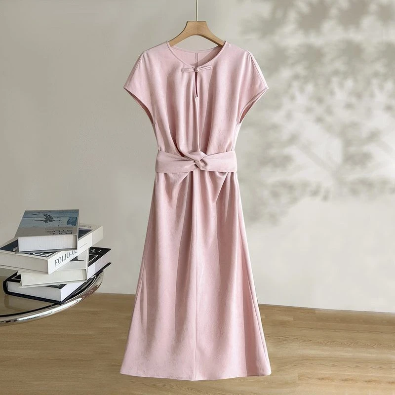 长裙国风夏季休闲短袖连衣裙扭结盘扣女新中式恩迪提花收腰气质女