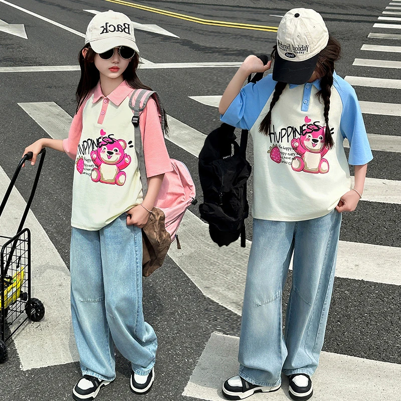 女童卡通动漫夏季薄款中大童印花套装韩版上衣时尚牛仔阔腿百搭潮