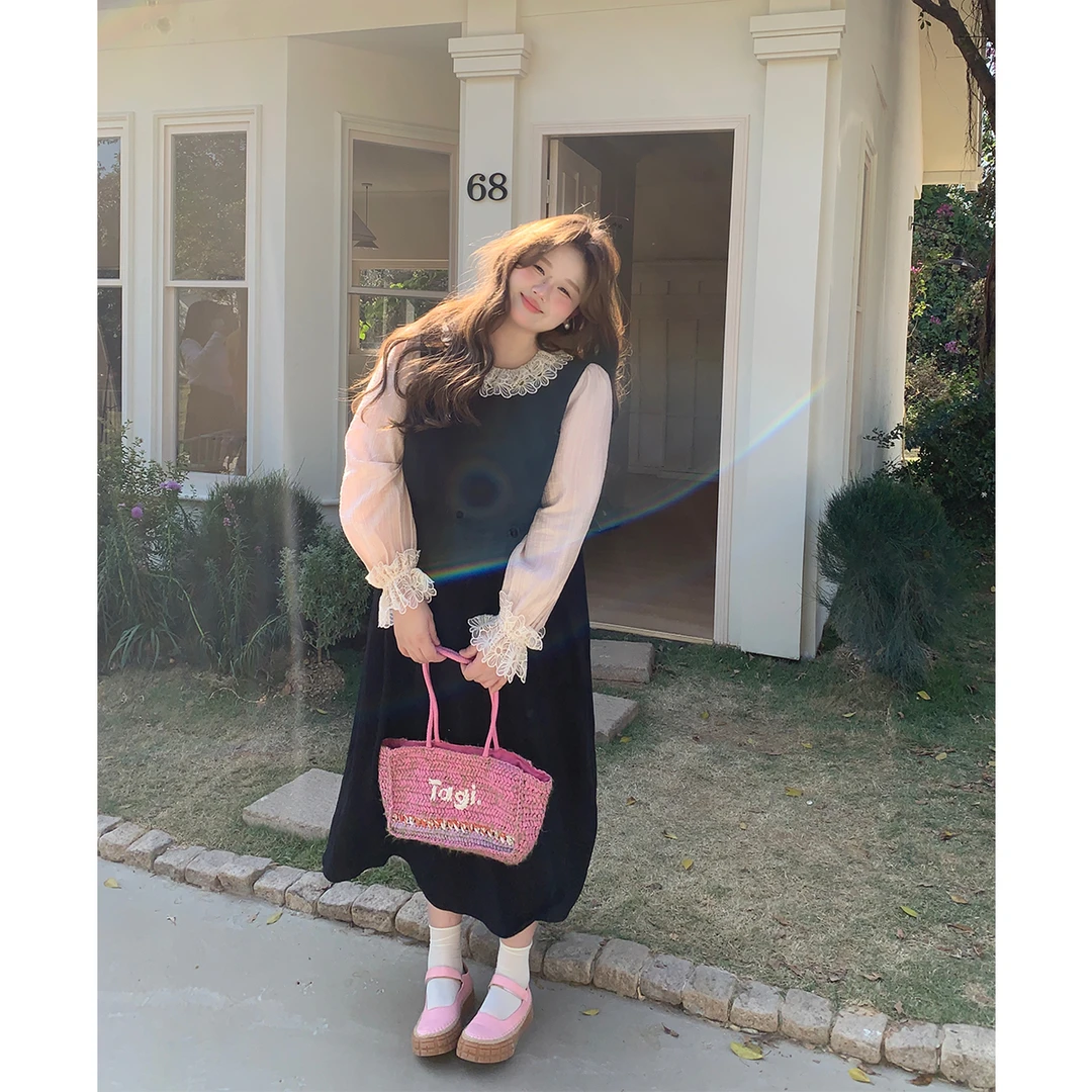 徐达布【似水年华】黑色假两件花边连衣裙秋冬圆领长裙L28683C51