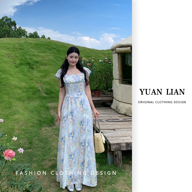 ZOZ糕冷圆脸[莫奈笔触]法式蕾丝油画连衣裙女夏季显瘦收腰气质裙