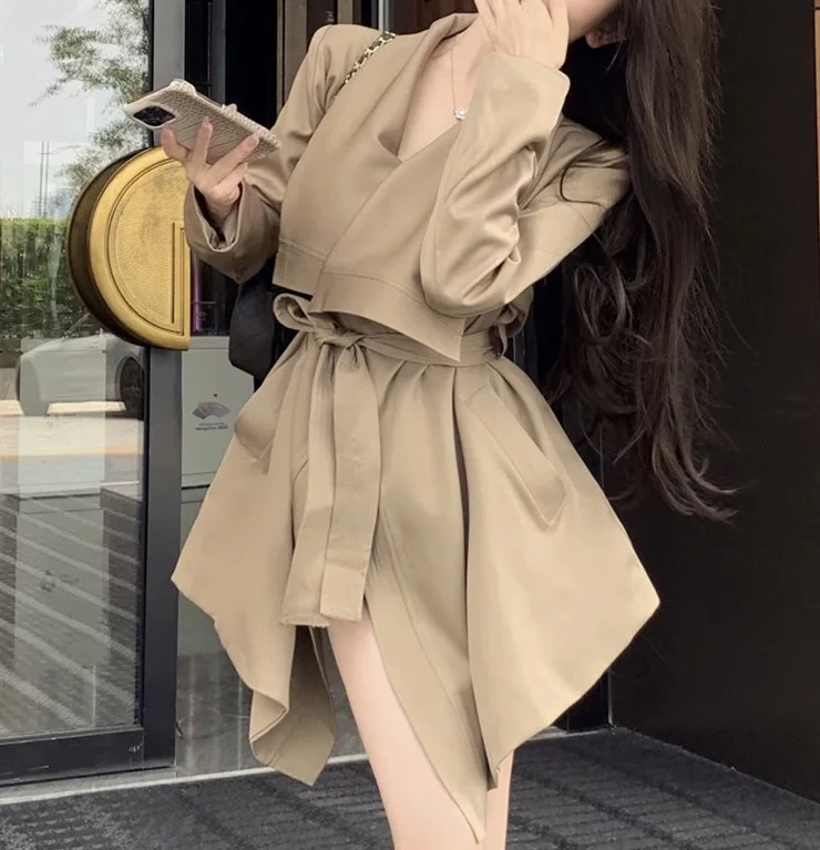 大码风衣夹棉外套女秋季新款收腰显瘦纯色英伦风小个子翻领大衣女