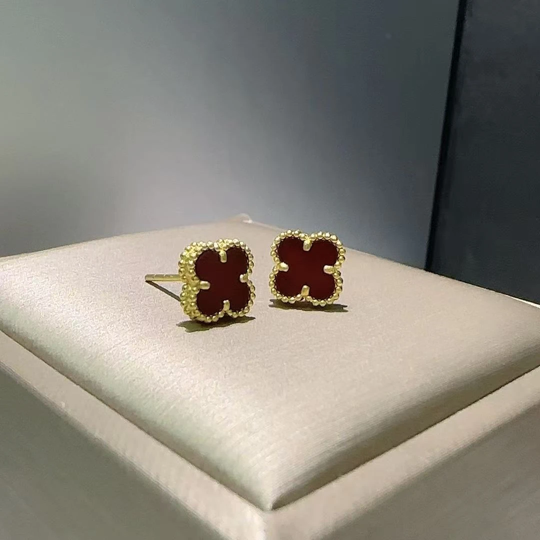 5G足金999耳钉红玛瑙四叶草