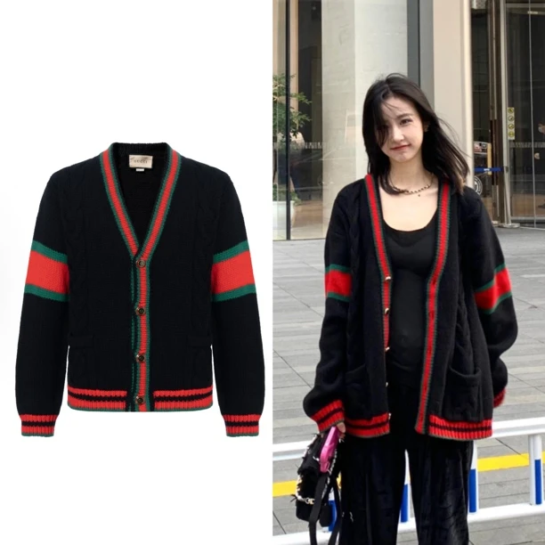 未使用 GUCCI/古驰 黑红拼色提花男女同款羊毛针织开衫外套