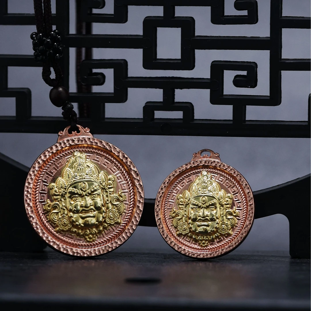 匠工巧作 铜吊坠 紫铜黄财神吊坠饰品挂坠白铜双面雕刻守护神镶嵌