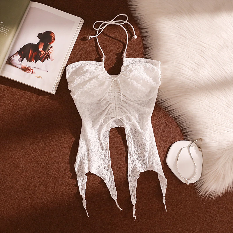 辣妹挂脖吊带背心女外穿2025新款性感美背纯欲不规则系带露肩上衣