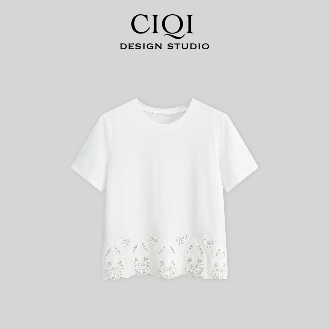 CIQI STUDIO 【浮云月下】夏季设计感蕾丝拼接镂空花边短袖 DY20117