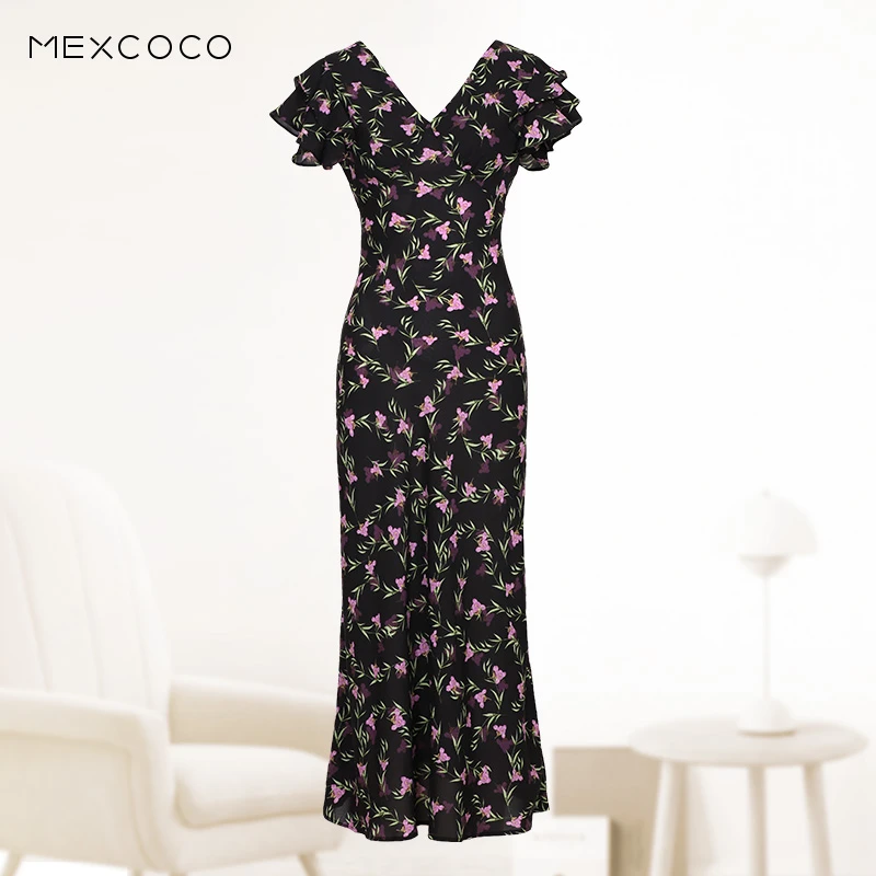 MEXCOCO/兰瑟儿夏季新款氛围感海边度假风V领碎花连衣裙105XL2937