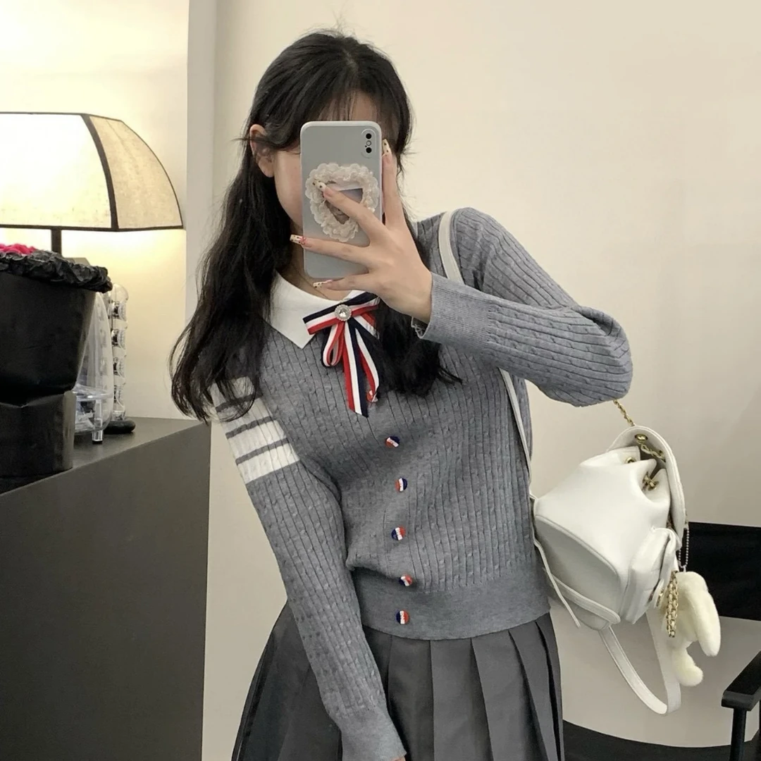 【灰色英领】学院风甜美清新/日系时尚套装开衫百褶裙衬衫海军