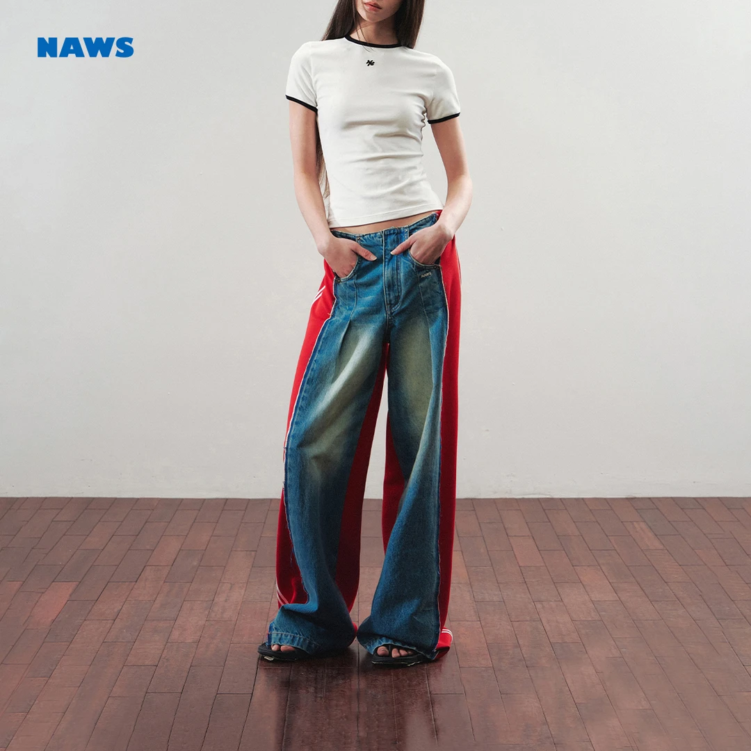 NAWS 反转牛仔裤运动休闲经典廓形撞色直筒阔腿裤