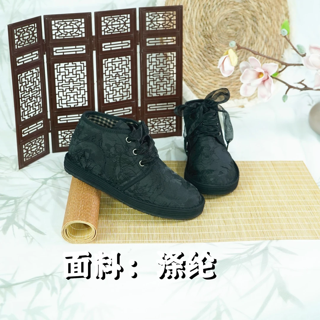 秋上新【黑玫瑰-高帮系带】绣花汉服平底圆女士绣花鞋纯手工透气