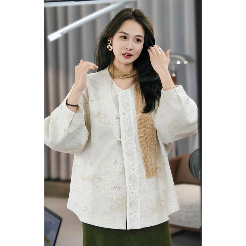 美洋MEIYANG 浮雕外套 金丝提花羊毛_中式优雅婉约圆领绣花上衣Pe