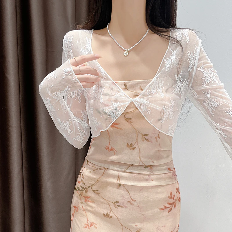 白色短款修身蕾丝上衣女2025夏季百搭连衣裙外搭V领长袖防晒罩衫