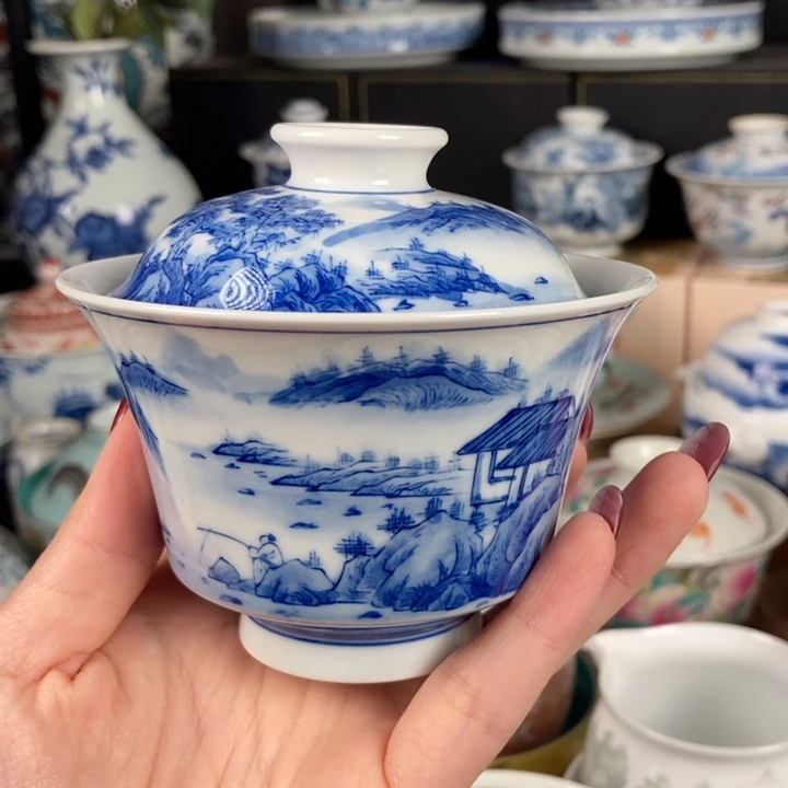 杯折葵非器山水马蹄盖碗