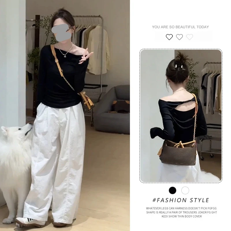 设计感斜肩长袖T恤打底衫女秋季2025新款韩式独特绝美漂亮小上衣