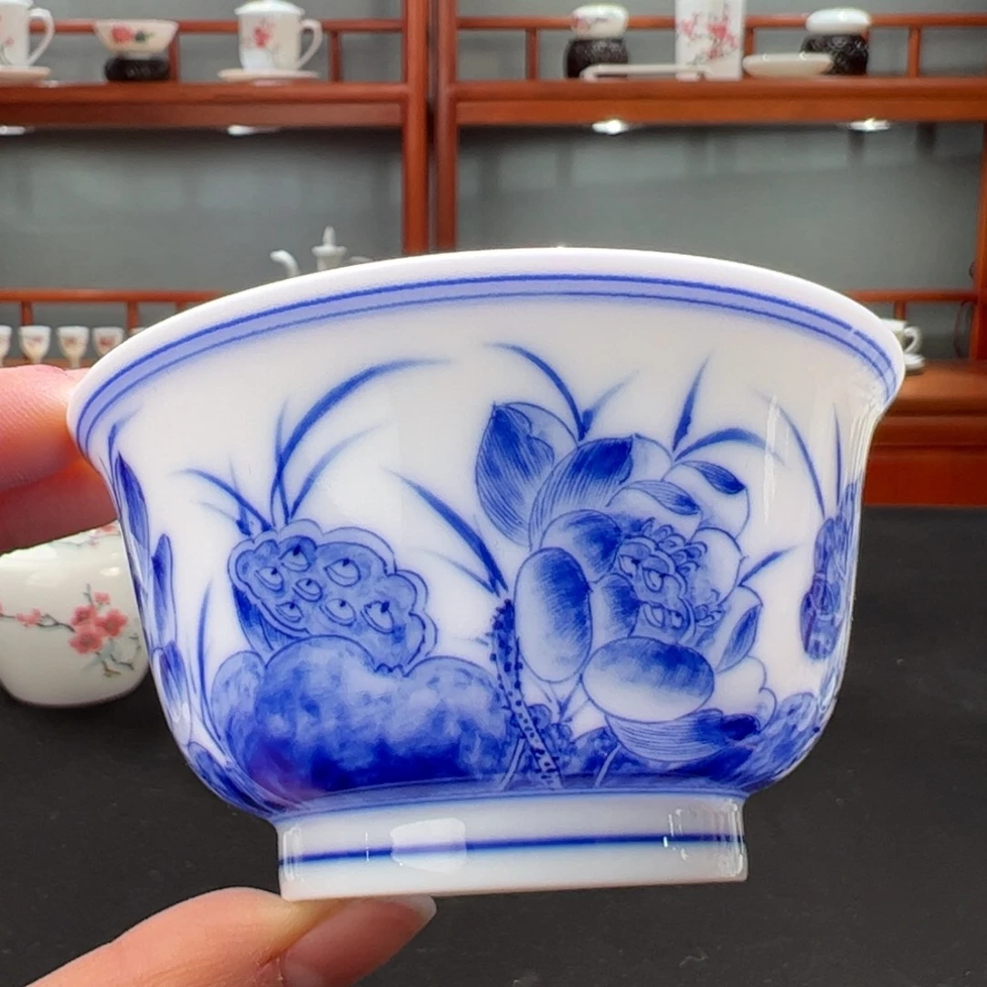 柴窑青花荷韵撇口杯