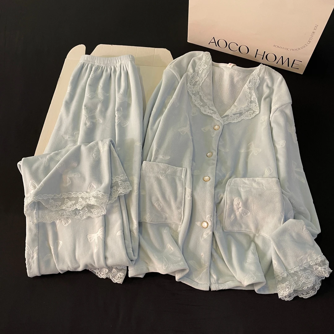 睡衣女秋冬季超柔软海岛绒大码加厚保暖珊瑚绒蓝色领结套装家居服