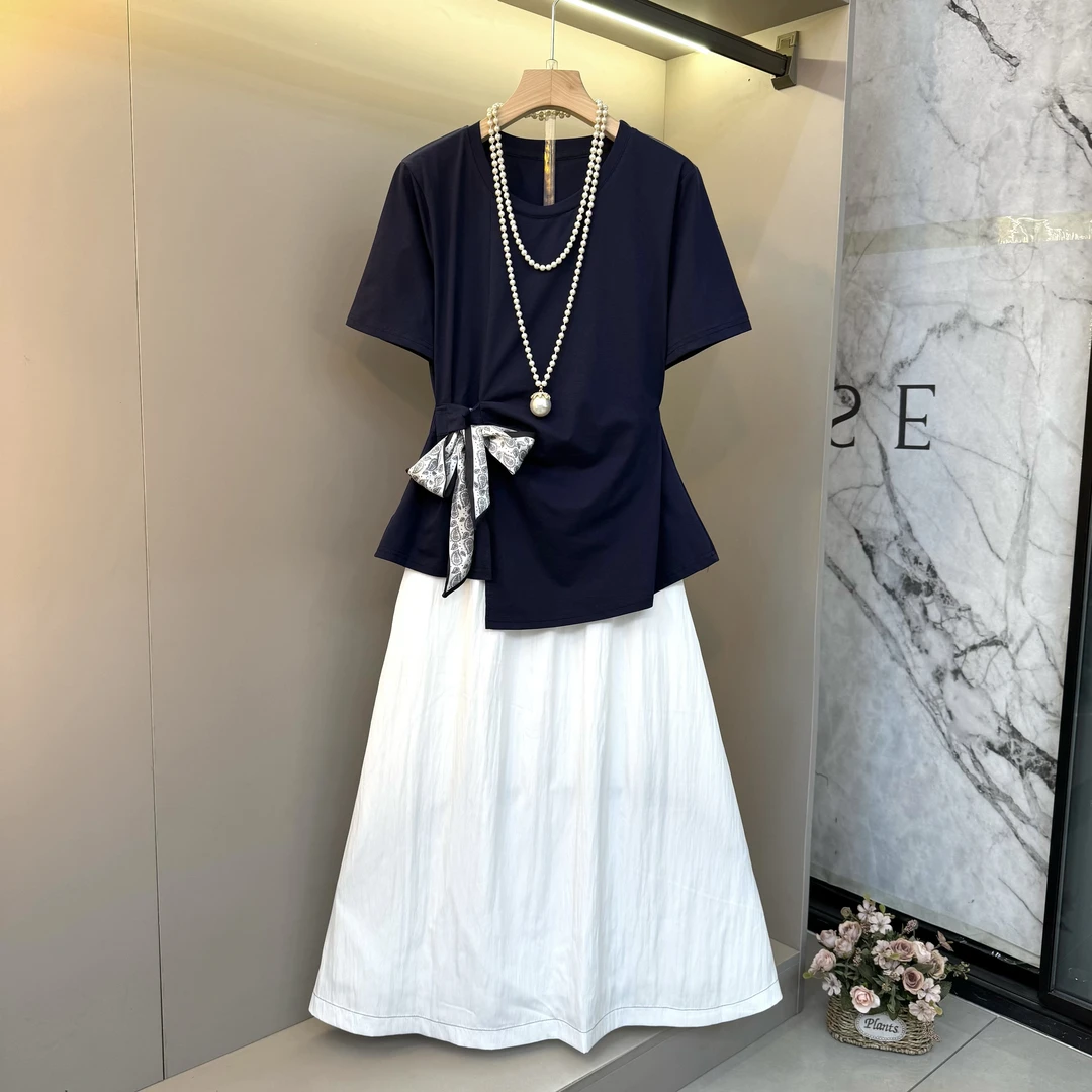 2025夏新款欧货韩系圆领丝巾收腰不规则上衣+大A摆半身裙套装6098