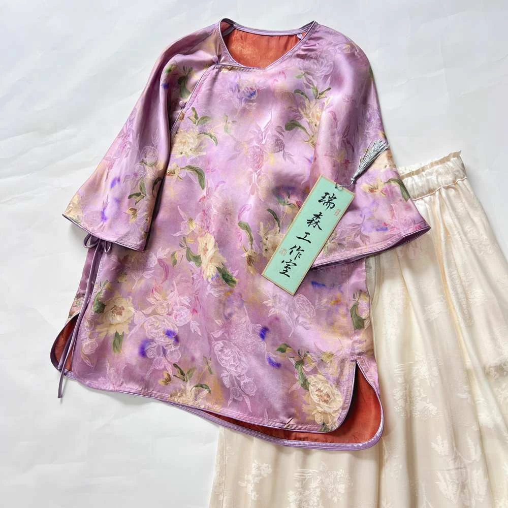 857 中式国风圆领短袖茶艺T恤上衣-胸围106-前长66后长68