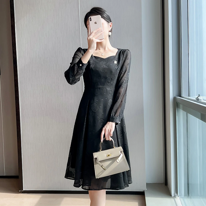 【奢姿】胖妹妹减龄提花方领时尚连衣裙9933825637【适合90-200斤】