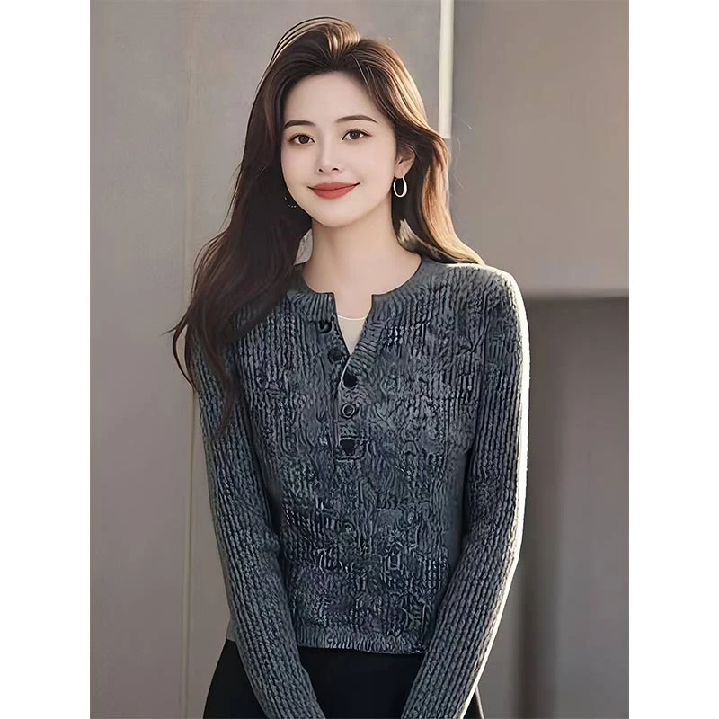 2025年春秋季新款韩版时尚高级感长袖针织衫女小众半开领打底衫潮