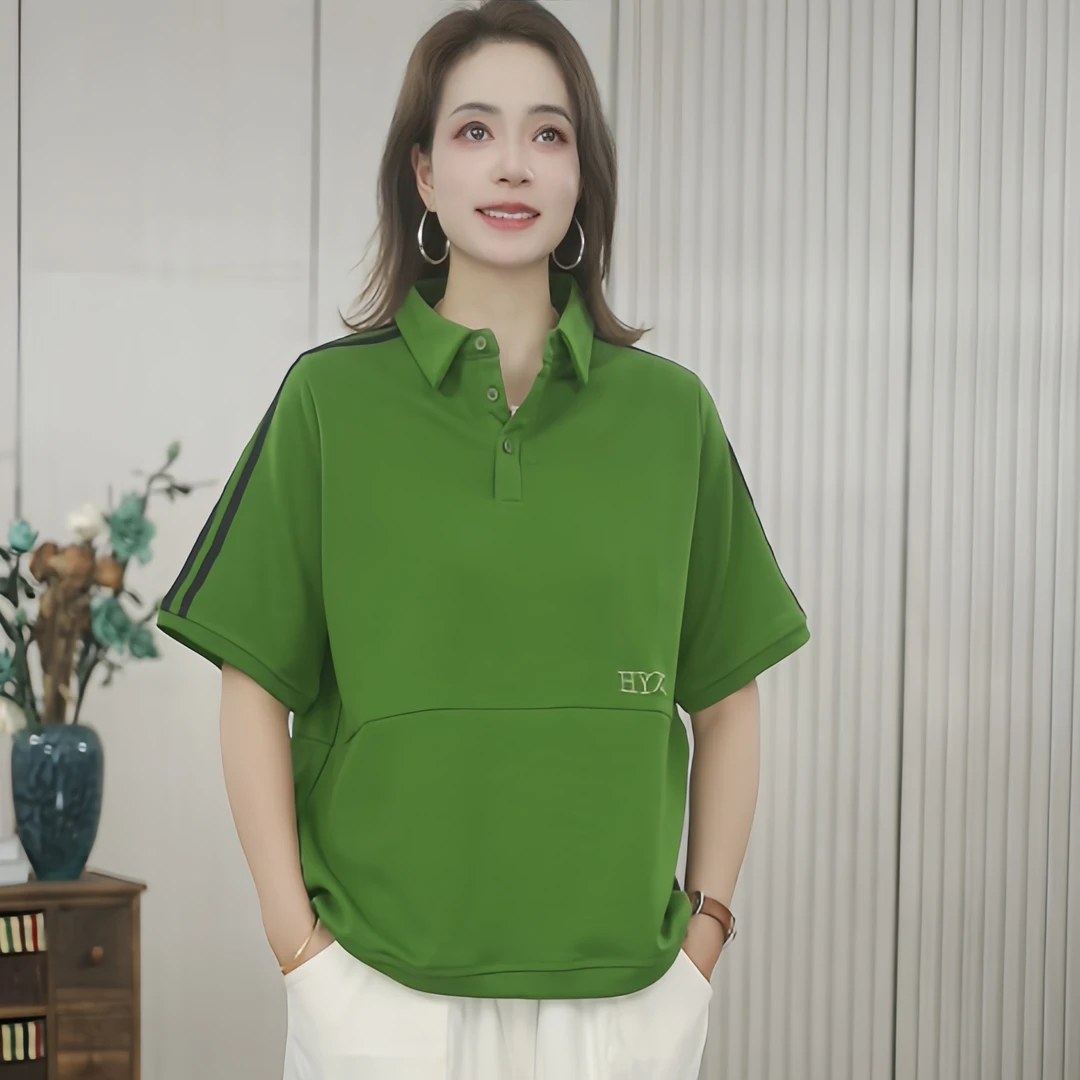 夏季新款时尚休闲百搭薄款短袖翻领小衫宽松显瘦T恤上衣女1051