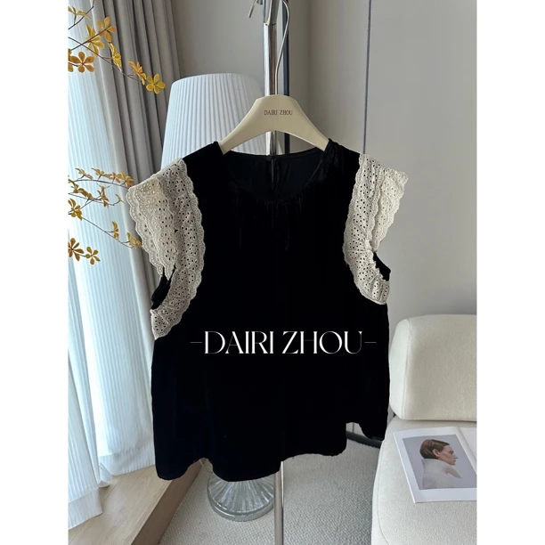 DAIRI   ZHOU▪️无人区玫瑰   100桑蚕丝丝绒拼接花边无袖上衣百搭