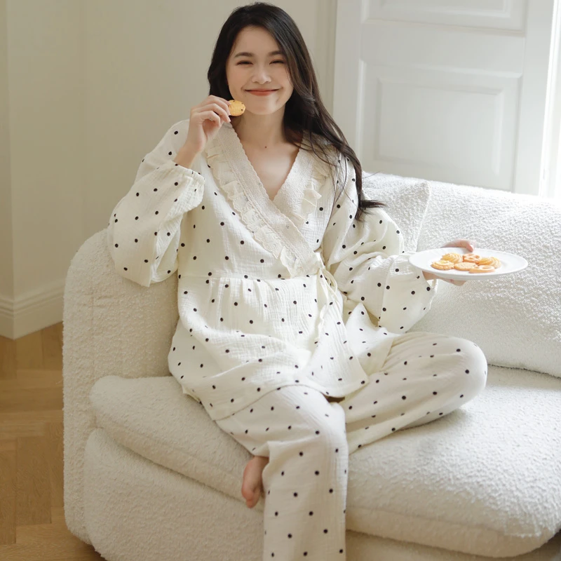 100%全棉纱布孕妇睡衣春秋产后哺乳纯棉月子服夏季薄款产妇家居服