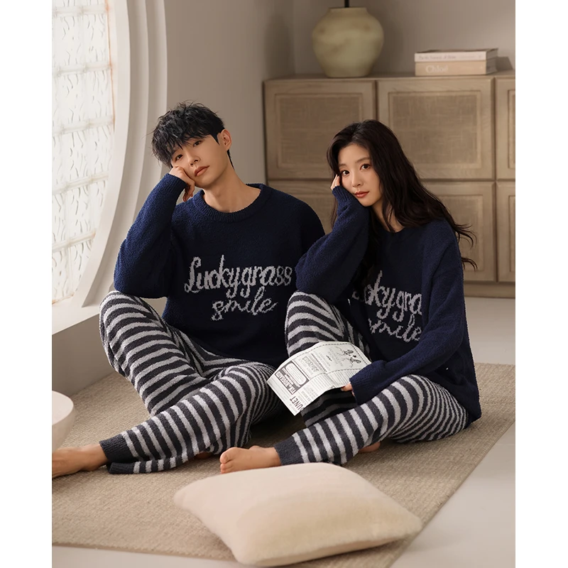 美腾半边绒情侣款睡衣女秋冬加厚保暖家居服珊瑚绒男士套装可外穿