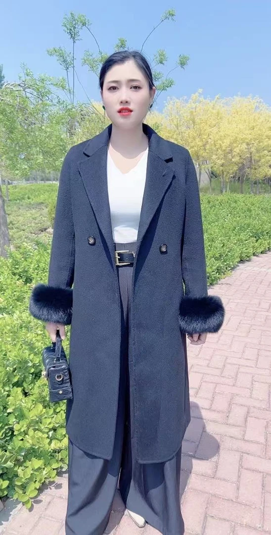 秋冬季新款羊毛毛呢狐狸毛袖口可拆卸修身百搭女款长外套