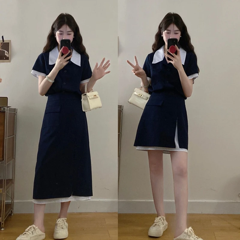 大码小众气质撞色假两件设计正肩上衣显瘦开叉半裙高级感两件套